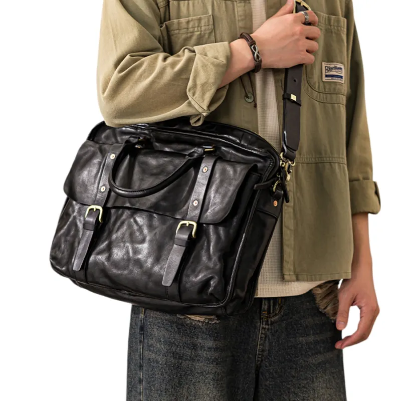 Back Step Cow Leather Portable Briefcase Shoulder Bag Crossbody Bag Large Size Unisex Black-4