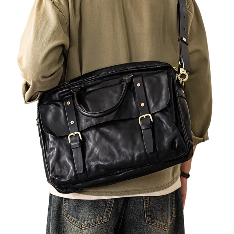 Back Step Cow Leather Portable Briefcase Shoulder Bag Crossbody Bag Large Size Unisex Black-7