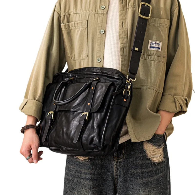 Back Step Cow Leather Portable Briefcase Shoulder Bag Crossbody Bag Large Size Unisex Black-5