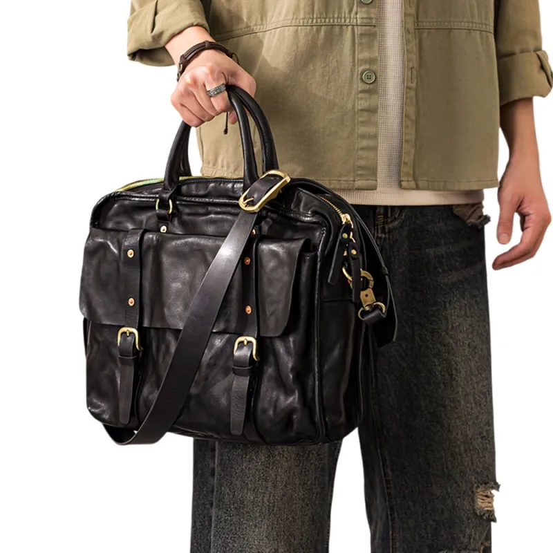 Back Step Cow Leather Portable Briefcase Shoulder Bag Crossbody Bag Large Size Unisex Black-6