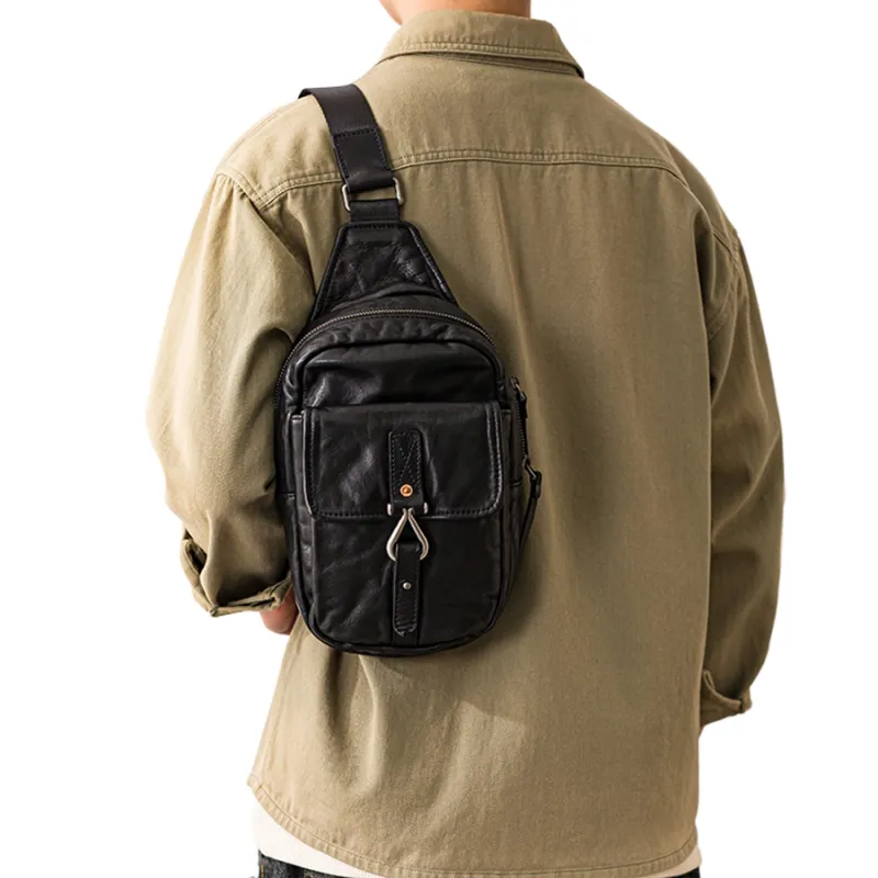 Back Step Top Grain Cow Leather Sling Bag Small Size Unisex Black-4