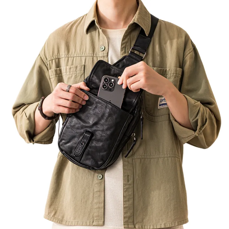 Back Step Top Grain Cow Leather Sling Bag Small Size Unisex Black-5
