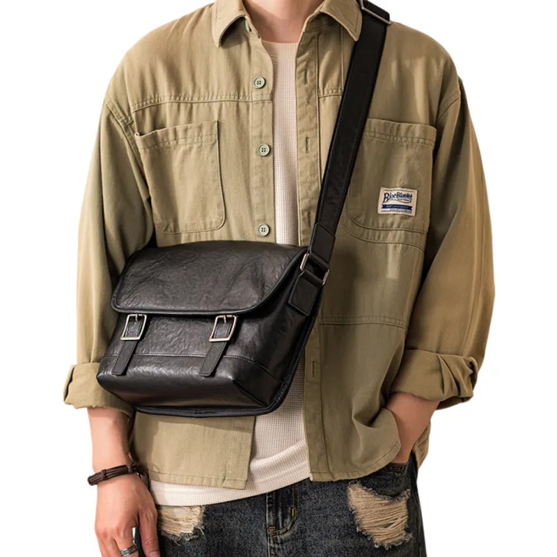 Back Step Top Grain Cow Leather Messenger Shoulder Bag, Crossbody Bag Unisex Black-4