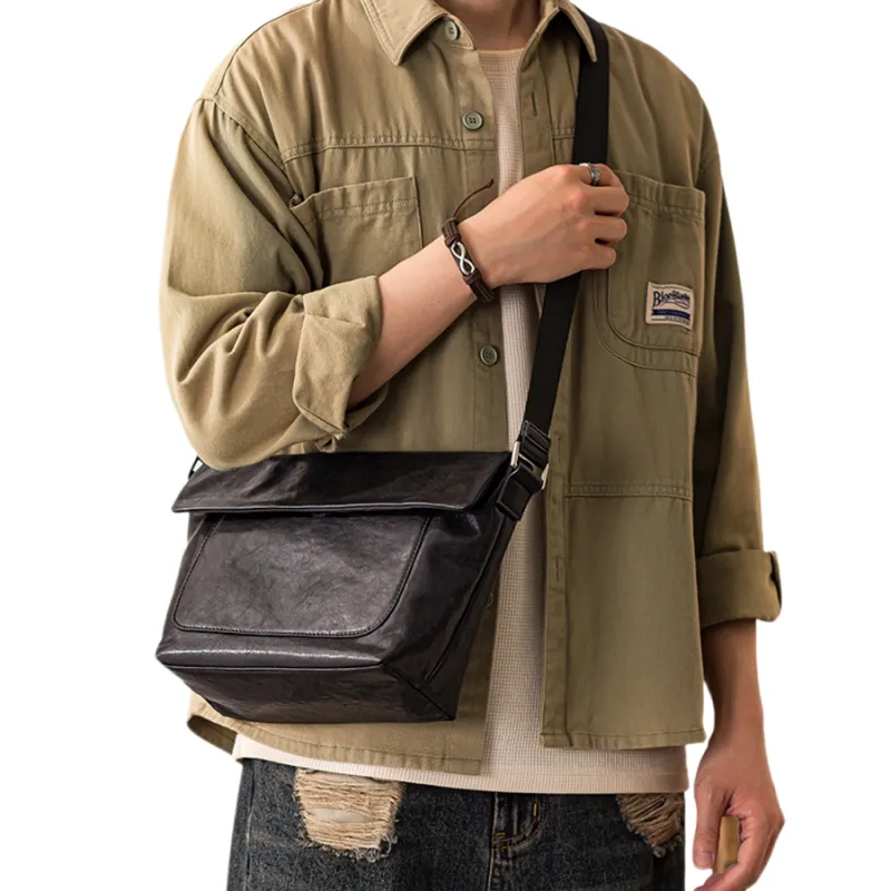 Back Step Top Grain Cow Leather Messenger Bag, Crossbody Bag, Shoulder Bag Medium Size Men's Black-4