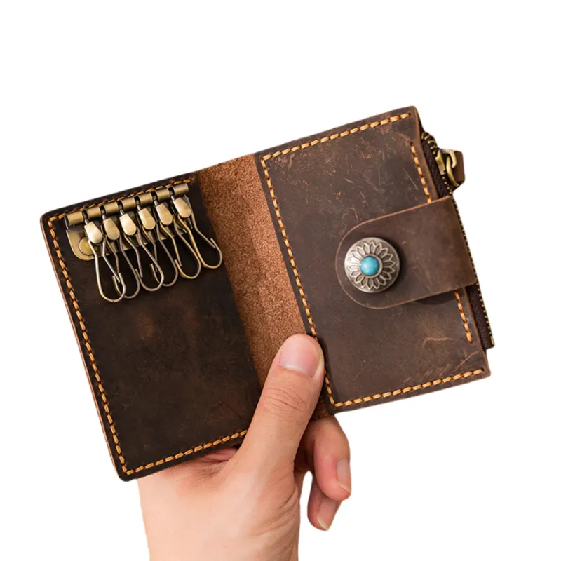 Back Step Top Grain Cow Leather Key And Coin Card Pouch Unisex Multicolor-4