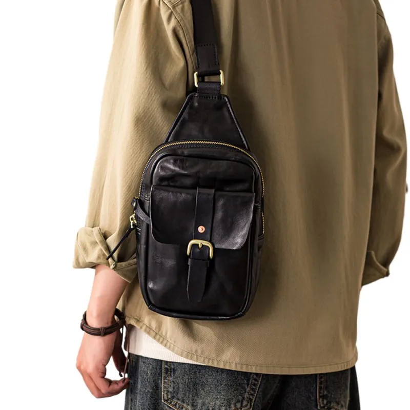 Back Step Cow Leather Sling Bag Men's Black-6