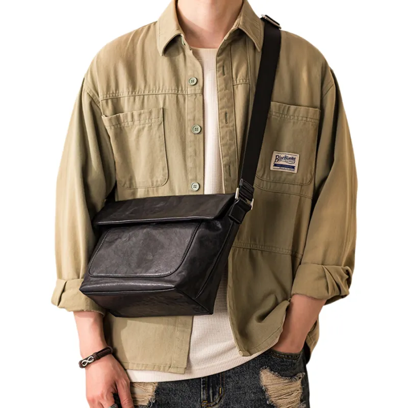 Back Step Top Grain Cow Leather Messenger Bag, Crossbody Bag, Shoulder Bag Medium Size Men's Black-3
