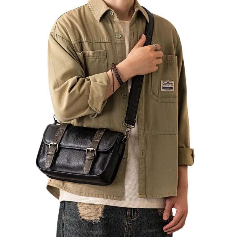 Back Step Vegetable Tanned Top Grain Cow Leather Crossbody Bag, Shoulder Bag Regular Men's Black-5