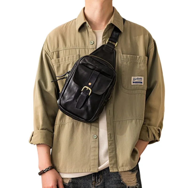 Back Step Cow Leather Sling Bag Men's Black-4