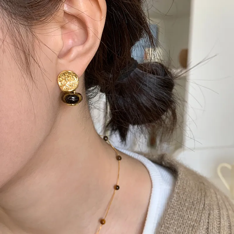 NATURALLYJOJO Faux Tiger's Eye Stone Earrings Women's Gold-2
