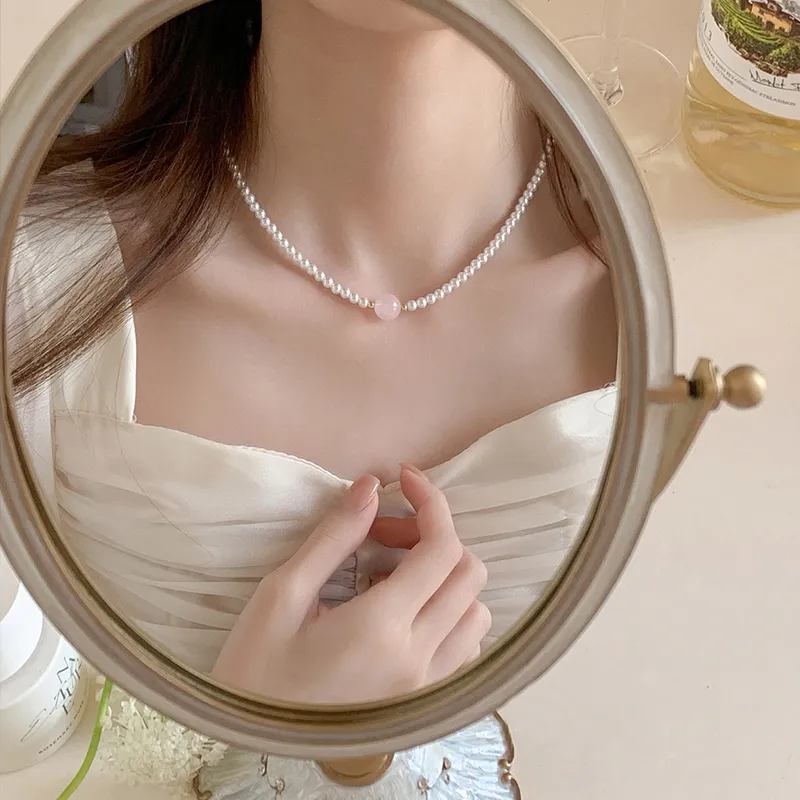NATURALLYJOJO Titanium Steel Pink Crystal Faux Pearl Necklaces Women's Pink/White-2