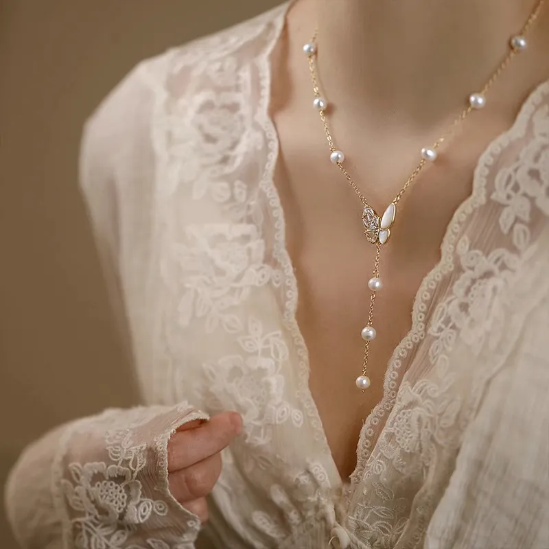 NATURALLYJOJO Copper Freshwater Pearl Zircon Necklaces Women's Gold/White-2
