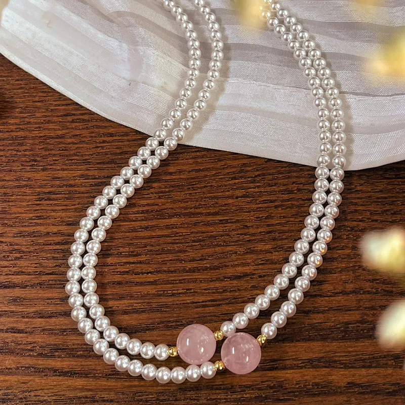 NATURALLYJOJO Titanium Steel Pink Crystal Faux Pearl Necklaces Women's Pink/White-5