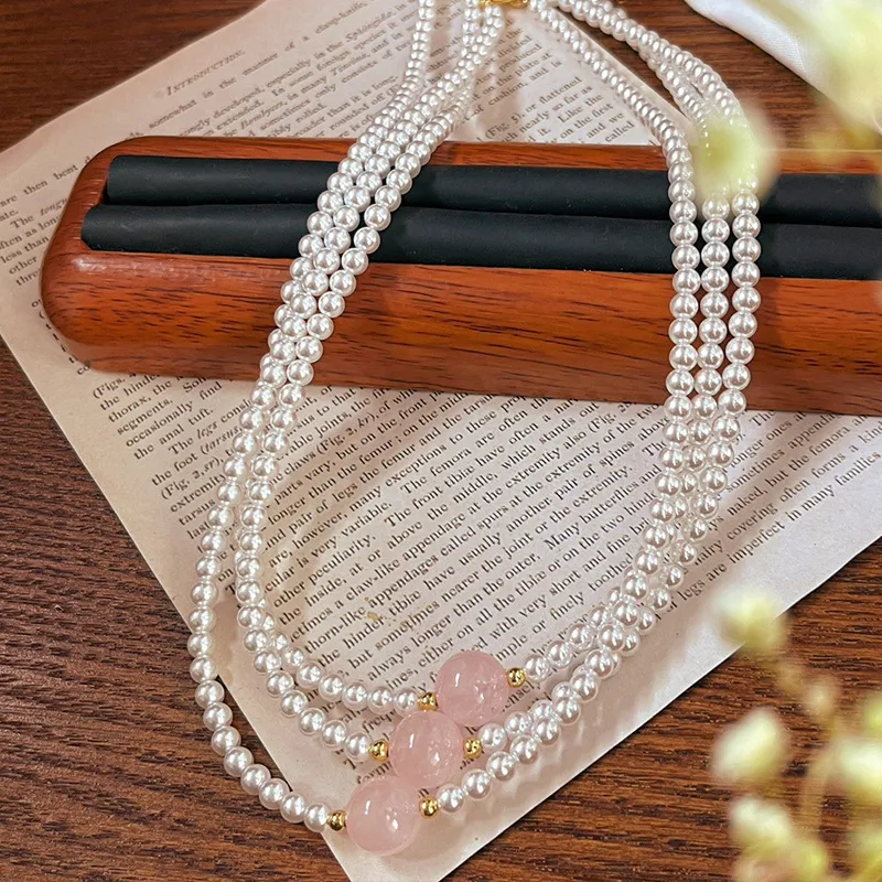 NATURALLYJOJO Titanium Steel Pink Crystal Faux Pearl Necklaces Women's Pink/White-6