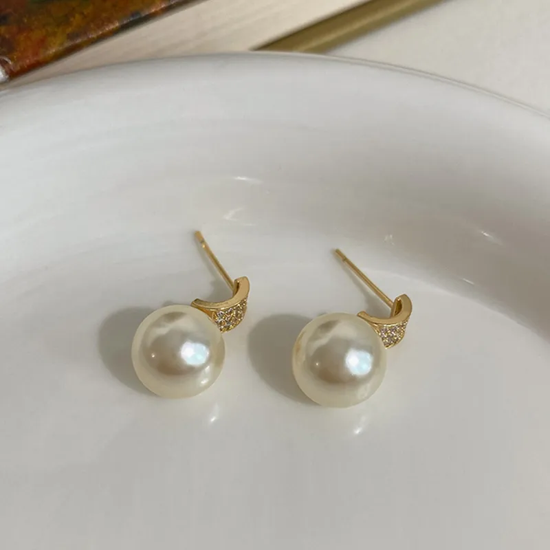 NATURALLYJOJO 925 Sterling Silver Needle Zircon Shell Pearl Earrings Women's Silver/Gold-11