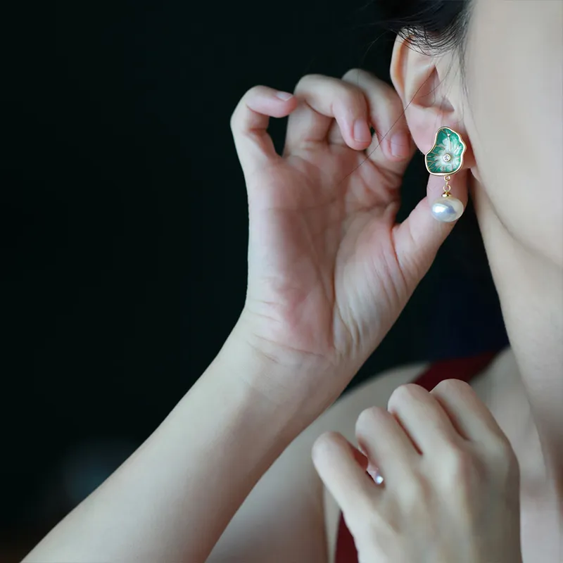 NATURALLYJOJO Faux Pearl Earrings Women's Gold/Green-2