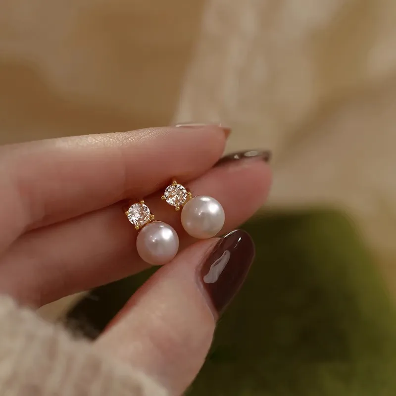 NATURALLYJOJO 925 Sterling Silver Needle Zircon Freshwater Pearl Earrings Women's Gold/Silver-2