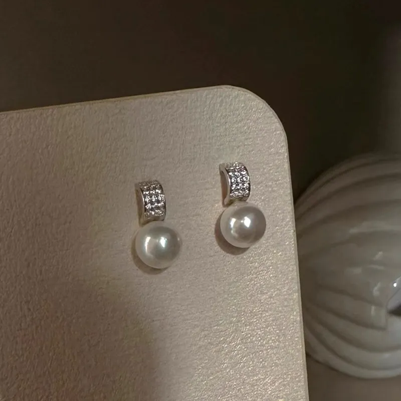 NATURALLYJOJO 925 Sterling Silver Needle Zircon Shell Pearl Earrings Women's Silver/Gold-4