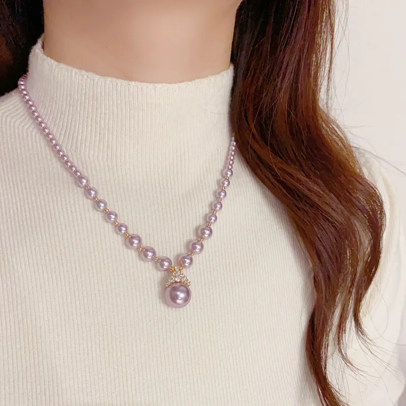 NATURALLYJOJO Glass Beads Necklaces Women's Purple/White-1