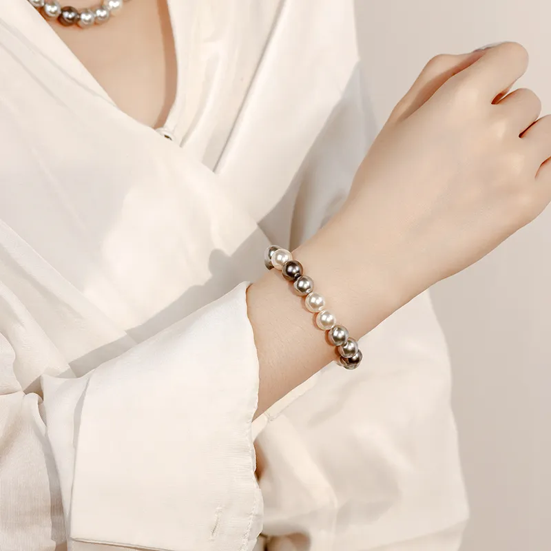NATURALLYJOJO Faux Pearl Elastic String Bracelets Women's White/Gray/Black-1