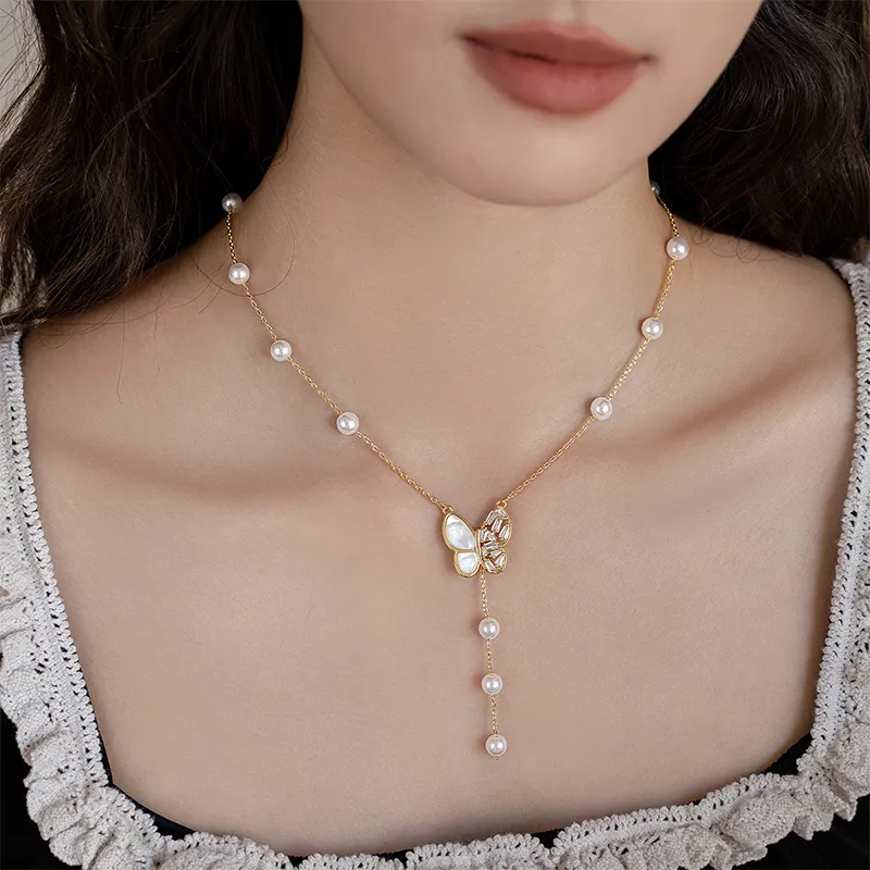 NATURALLYJOJO Copper Freshwater Pearl Zircon Necklaces Women's Gold/White-1
