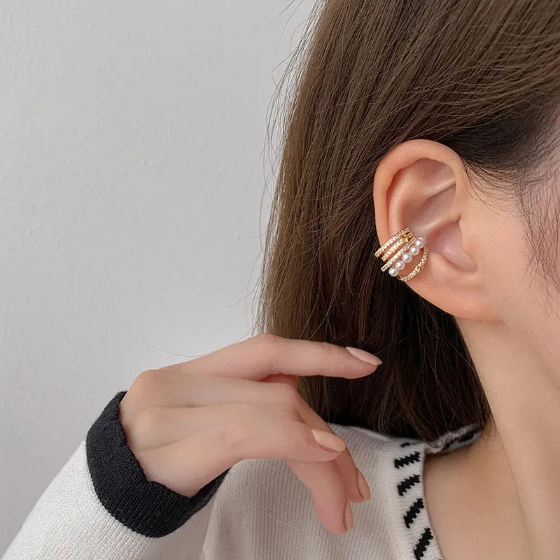 NATURALLYJOJO Faux Pearl Zircon Clip On Earrings Women's Gold-1