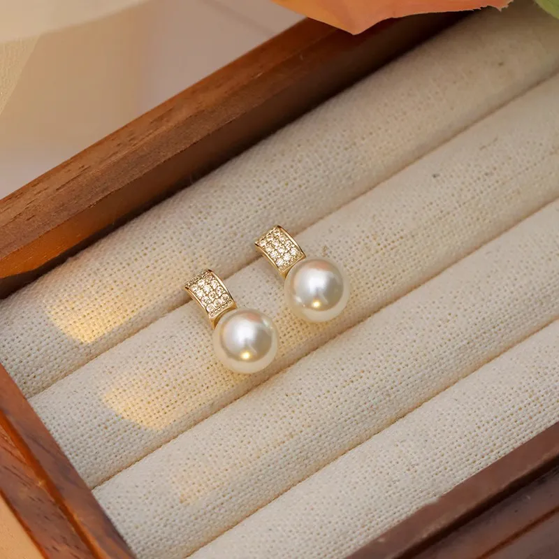 NATURALLYJOJO 925 Sterling Silver Needle Zircon Shell Pearl Earrings Women's Silver/Gold-12
