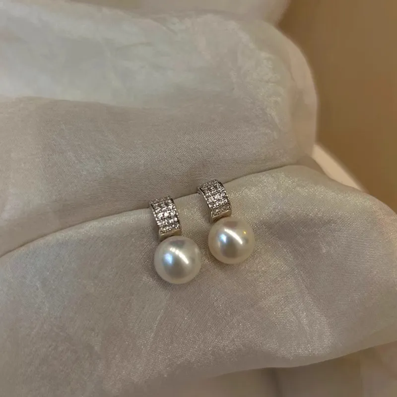 NATURALLYJOJO 925 Sterling Silver Needle Zircon Shell Pearl Earrings Women's Silver/Gold-3