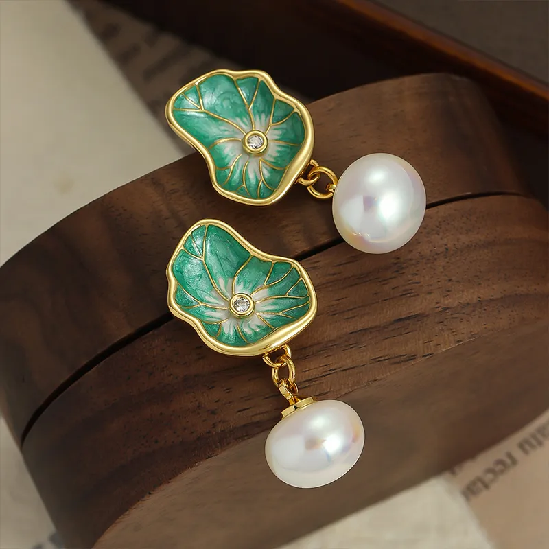 NATURALLYJOJO Faux Pearl Earrings Women's Gold/Green-3