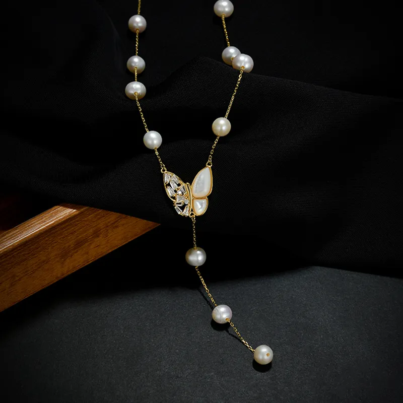 NATURALLYJOJO Copper Freshwater Pearl Zircon Necklaces Women's Gold/White-5