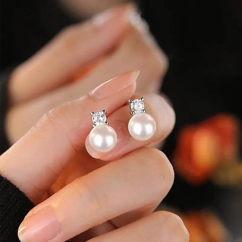 NATURALLYJOJO 925 Sterling Silver Needle Zircon Freshwater Pearl Earrings Women's Gold/Silver-7