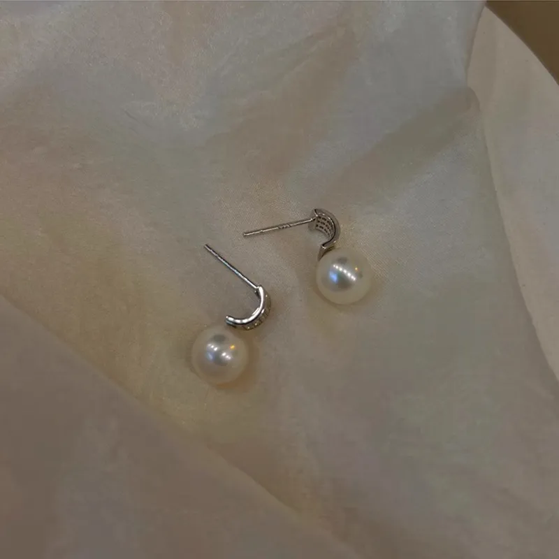 NATURALLYJOJO 925 Sterling Silver Needle Zircon Shell Pearl Earrings Women's Silver/Gold-6