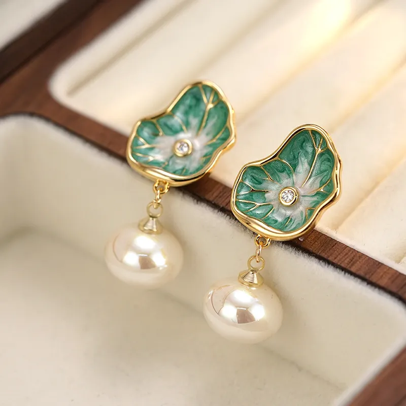 NATURALLYJOJO Faux Pearl Earrings Women's Gold/Green-4