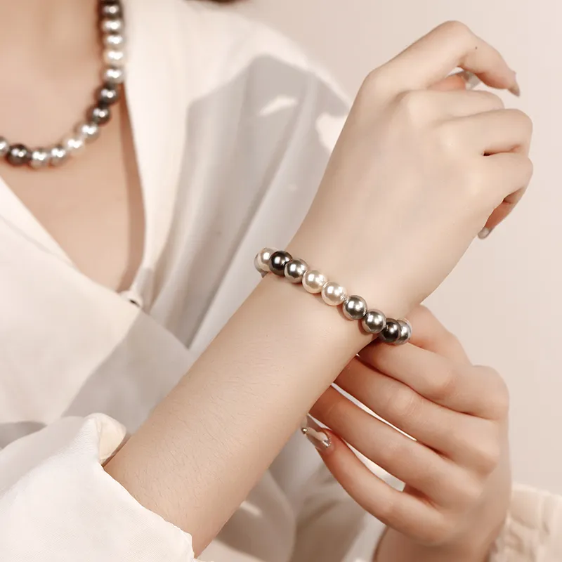 NATURALLYJOJO Faux Pearl Elastic String Bracelets Women's White/Gray/Black-2