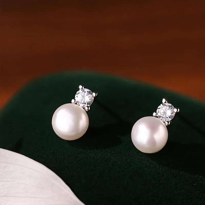 NATURALLYJOJO 925 Sterling Silver Needle Zircon Freshwater Pearl Earrings Women's Gold/Silver-9