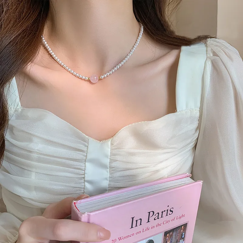 NATURALLYJOJO Titanium Steel Pink Crystal Faux Pearl Necklaces Women's Pink/White-1