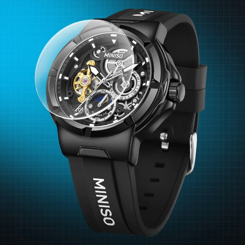 MINISO Sun Moon And Stars Automatic Mechanical Movement Rubber Strap Watch Men's Watches Black Dial-18