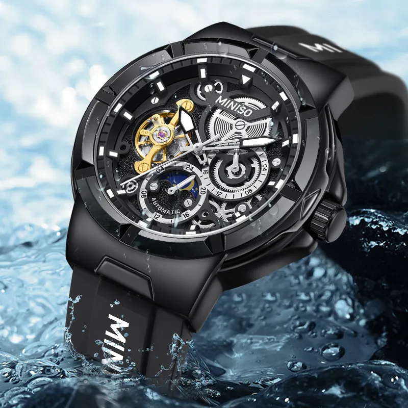 MINISO Sun Moon And Stars Automatic Mechanical Movement Rubber Strap Watch Men's Watches Black Dial-17