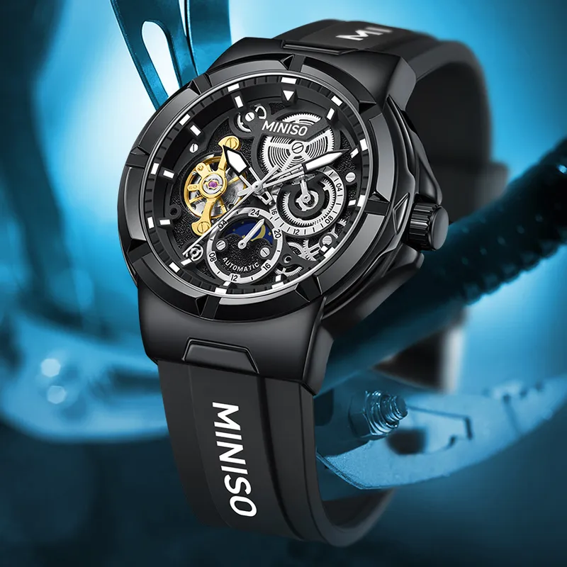 MINISO Sun Moon And Stars Automatic Mechanical Movement Rubber Strap Watch Men's Watches Black Dial-1