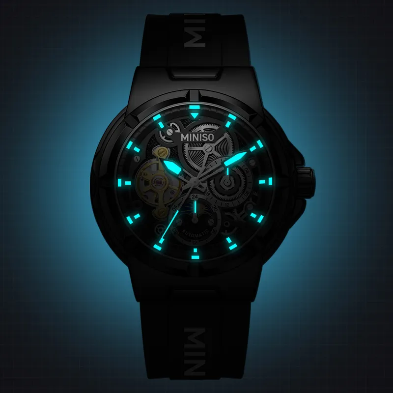 MINISO Sun Moon And Stars Automatic Mechanical Movement Rubber Strap Watch Men's Watches Black Dial-6