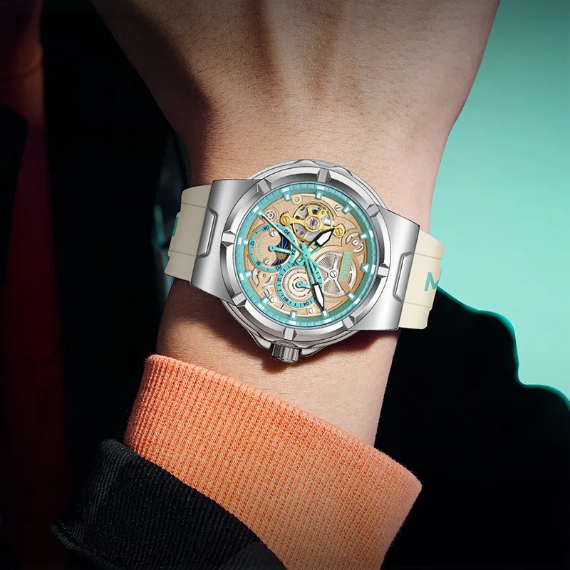 MINISO Sun Moon And Stars Automatic Mechanical Movement Rubber Strap Watch Men's Watches Black Dial-8