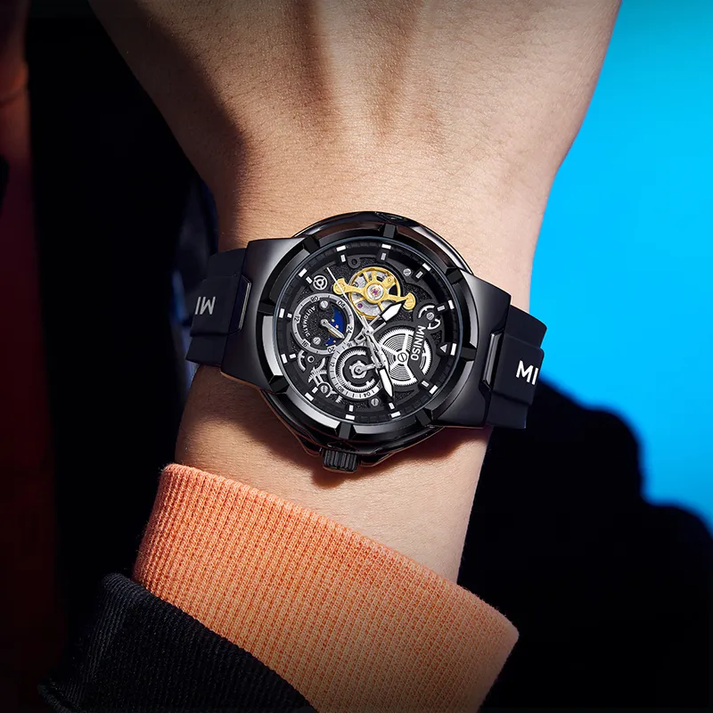 MINISO Sun Moon And Stars Automatic Mechanical Movement Rubber Strap Watch Men's Watches Black Dial-2