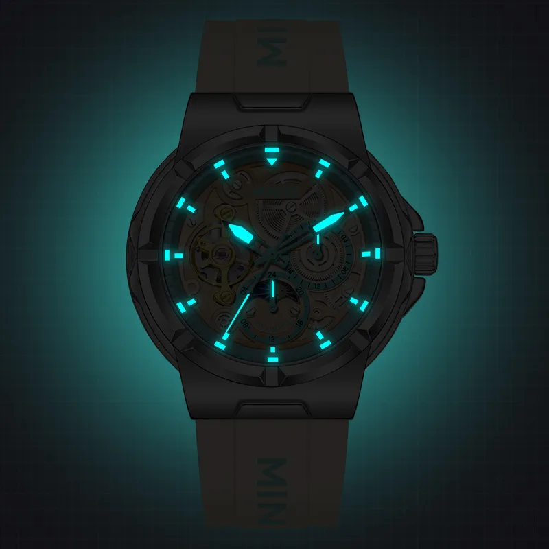 MINISO Sun Moon And Stars Automatic Mechanical Movement Rubber Strap Watch Men's Watches Black Dial-26