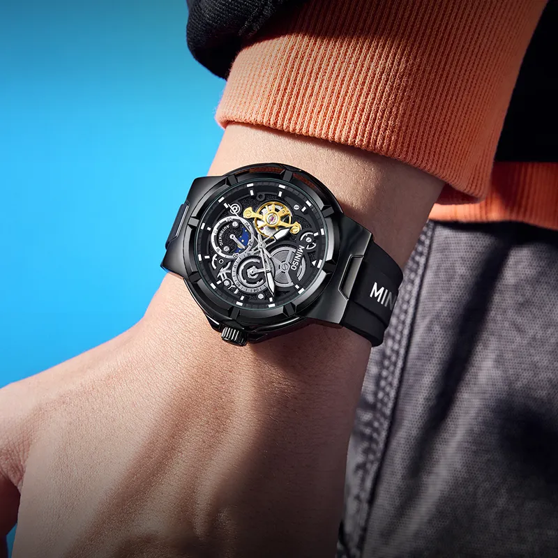 MINISO Sun Moon And Stars Automatic Mechanical Movement Rubber Strap Watch Men's Watches Black Dial-15