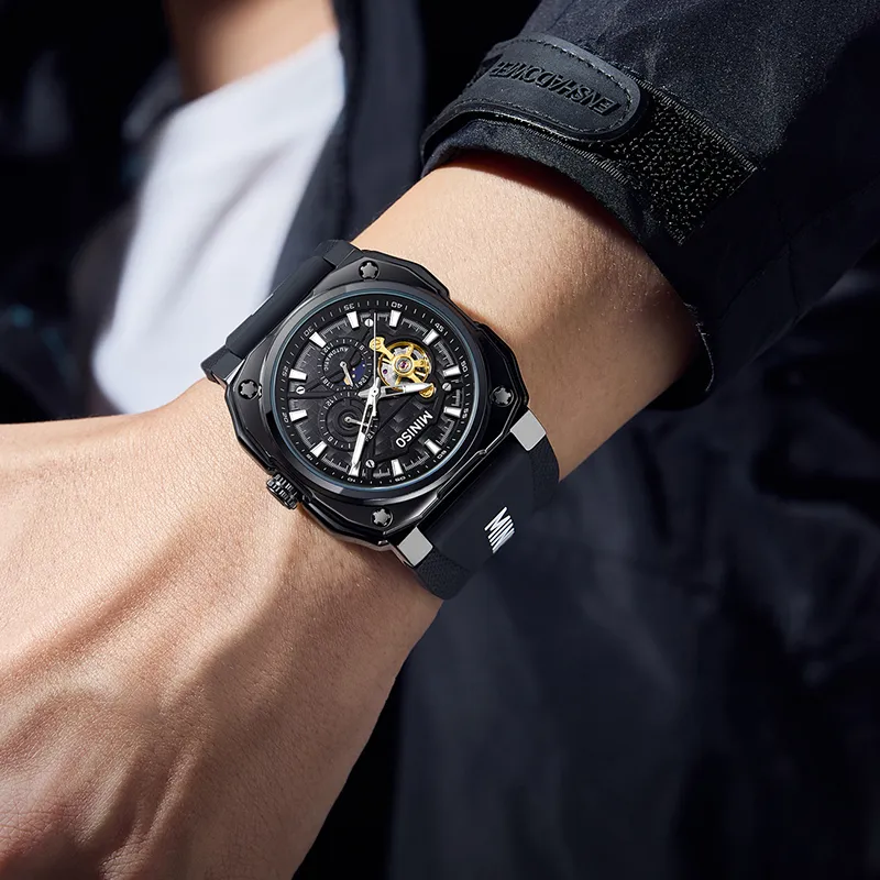 MINISO Mechanical Movement Rubber Strap Watch Men's Watches Black Dial-2