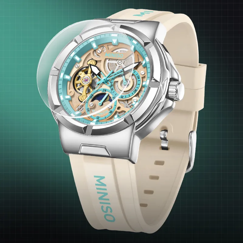 MINISO Sun Moon And Stars Mechanical Movement Rubber Strap Watch Unisex Beige Watch Dial-1
