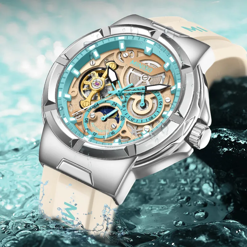 MINISO Sun Moon And Stars Mechanical Movement Rubber Strap Watch Unisex Beige Watch Dial-5