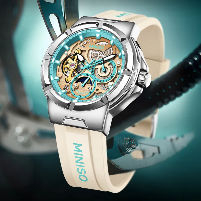 MINISO Sun Moon And Stars Mechanical Movement Rubber Strap Watch Unisex Beige Watch Dial-4