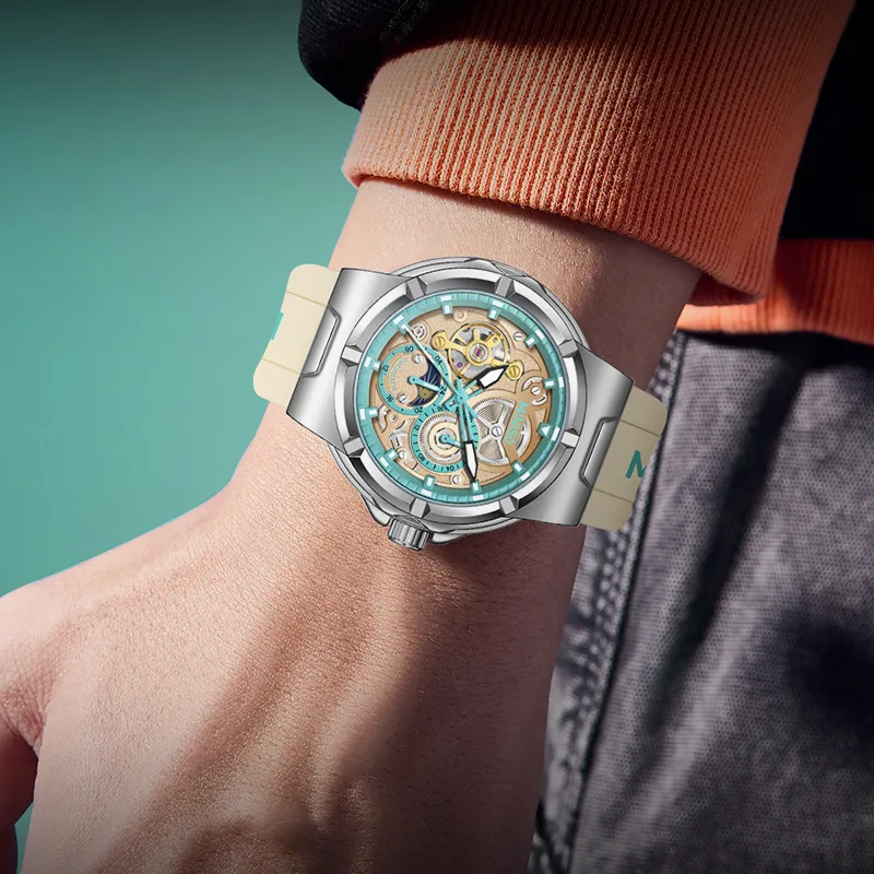 MINISO Sun Moon And Stars Mechanical Movement Rubber Strap Watch Unisex Beige Watch Dial-3