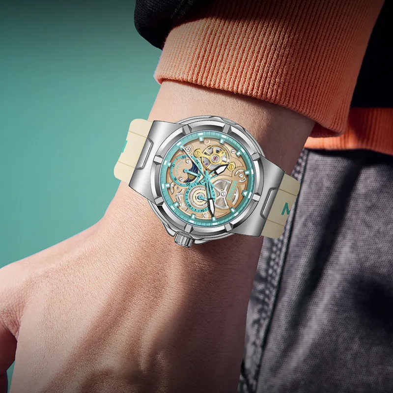 MINISO Sun Moon And Stars Automatic Mechanical Movement Rubber Strap Watch Men's Watches Black Dial-22
